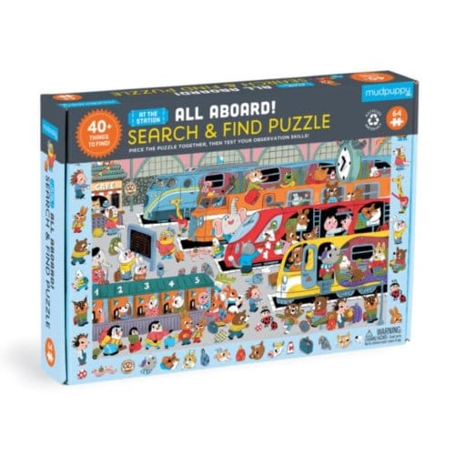 All Aboard! Train Station 64 Piece Search & Find Puzzle - Mudpuppy