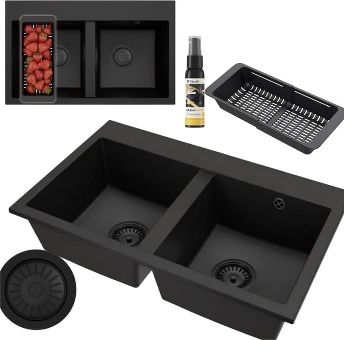 Granitan Twin granieten spoelbak - 80x49 cm - zwart - 2 bakken