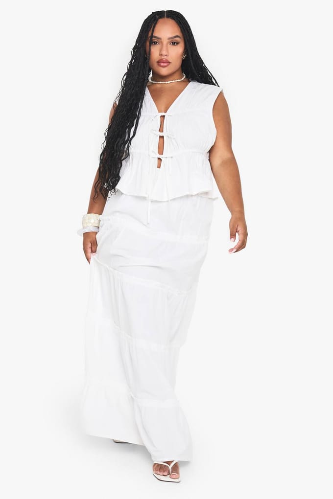 boohoo Dames Plus Katoenen Gelaagde Maxi Rok | Wit | Maat: 44