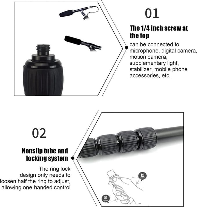 Handheld microfoonboom met 5 secties, uitklapbaar, met foamen handgreep en 1/4 inch schroef voor camera, telefoon en microfoons