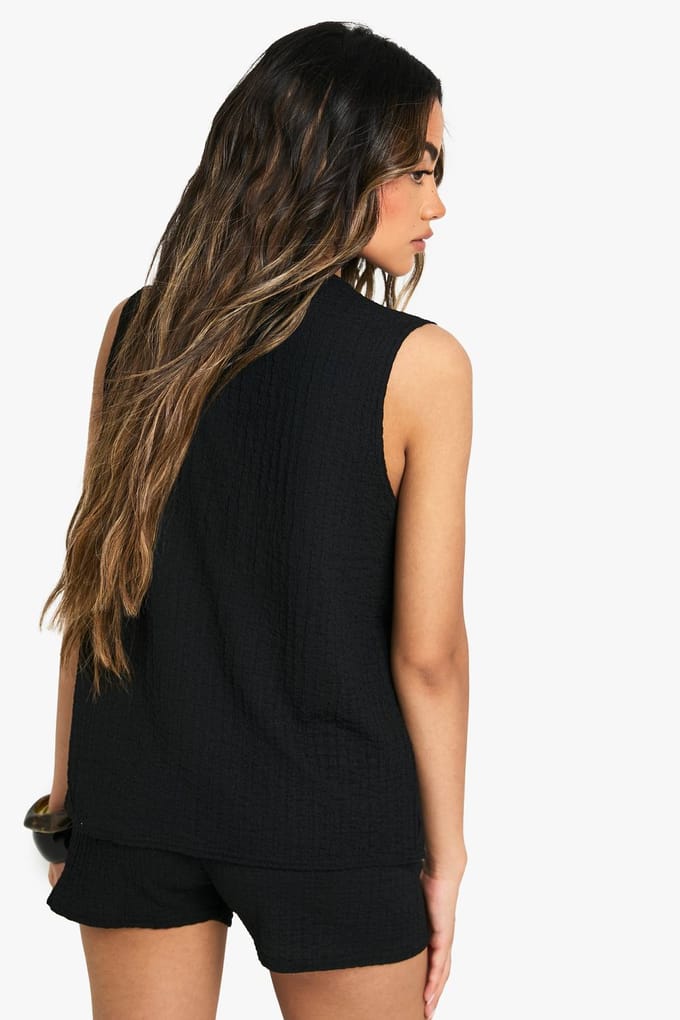boohoo Dames Textured Tie Front Sleeveless Top | Zwart | Maat: 34