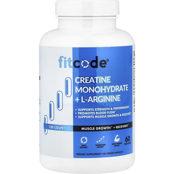 fitcode, Creatine Monohydraat + L-Arginine, 120 Plantaardige Capsules