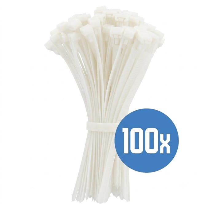 DULA Hersluitbare kabelbinders wit 200 x 7,6 mm - Tyraps - 100 stuks