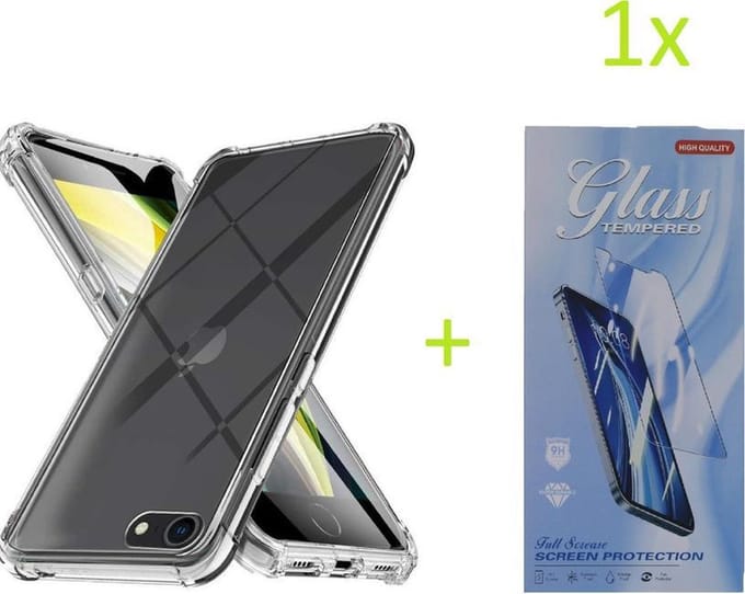 Hoesje Geschikt voor: iPhone 7 Plus / 8 Plus - Anti Shock Silicone Bumper - Transparant + 1X Tempered Glass Screenprotector