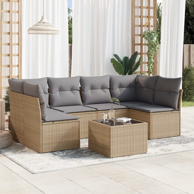 vidaXL - 7-delige - Loungeset - met - kussens - poly - rattan - beige