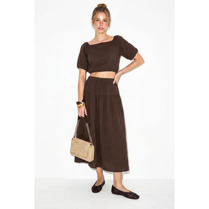 Katoenen Seersucker Blouse en Midi Rok Set