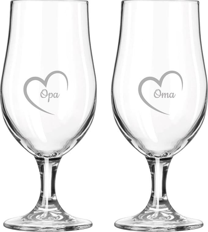 Gegraveerde bierglas op voet 49cl Opa met hartje & Oma met hartje