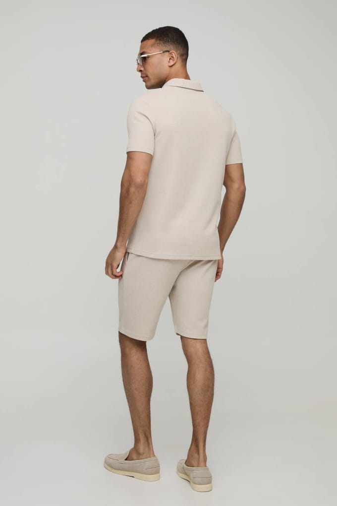 Slim Fit Waffle Revere Polo & Shorts Set | Stone | Size XL