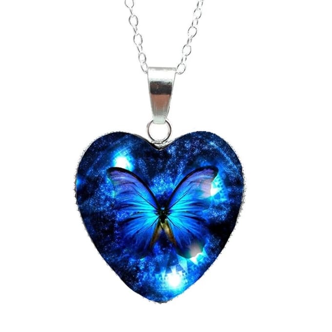 Hartvormige Ketting Blauw Vlinder - Verzilverd - 60 cm - EmmyRovi