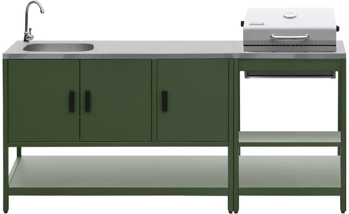 sweeek - 2 buitenkeukenmodules met barbecue op houtskool en gootsteen staal - naxos