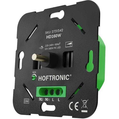 HOFTRONIC LED draaidimmer - 160W - 0,5-160W -  Fase-afsnijding (trailing edge) - Wisselschakeling - Soft-start - Instelbare dimbaarheid - Exclusief