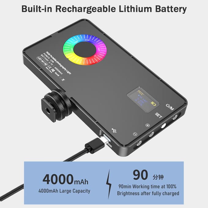Draagbaar RGB Videolicht LED Invullicht Paneel 3000K8500K Dimbaar 12 Lichteffecten CRI97+ zwart