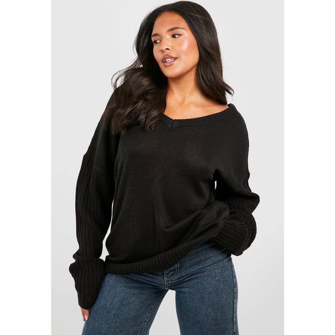 boohoo Dames Plus V-hals V-rug Oversized Trui | Zwart | Maat: 46