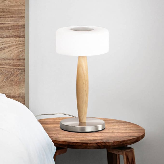 Fabas Luce Elea LED tafellamp, nikkelkleurig, hoogte 29 cm, glas, hout