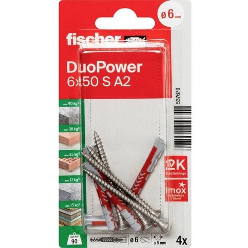 Fischer 537670 DuoPower 6 x 50 S A2 K NV Pluggenset 50 mm 6 mm 1 set(s)
