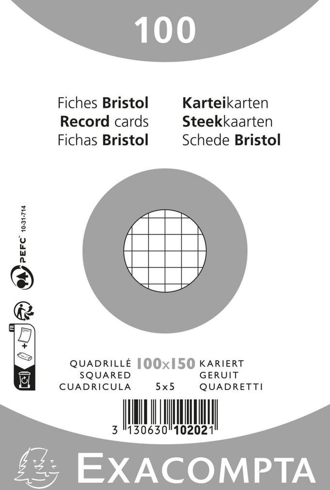 Exacompta 20x Pak 100 steekkaarten bristol in folie - geruit 5x5 niet geperforeerd 100x150mm - Wit - 10202E
