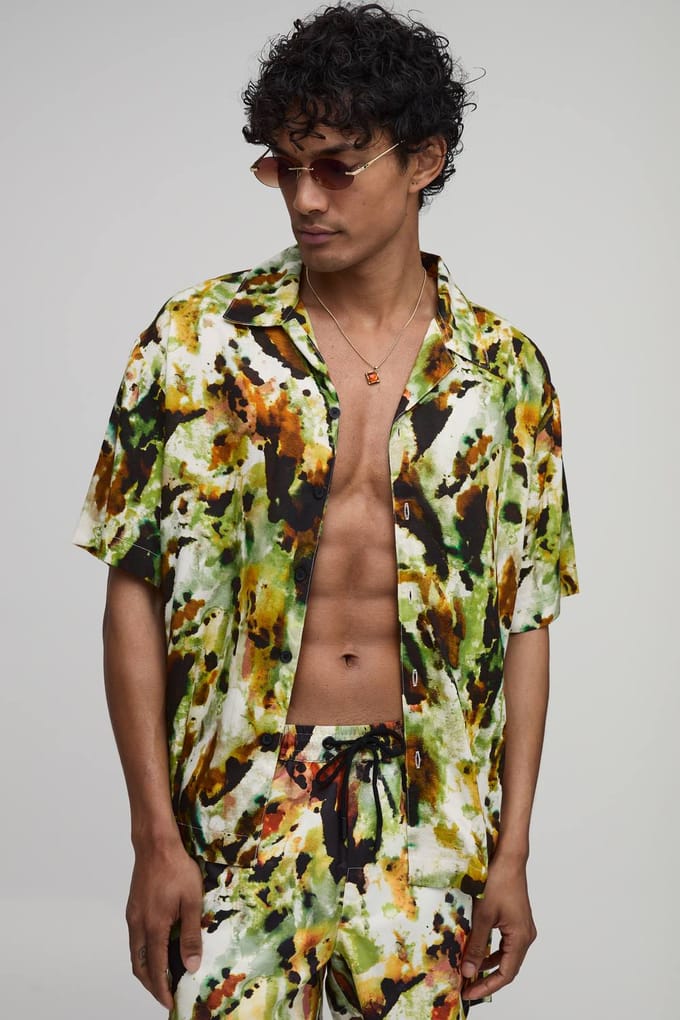 Oversized Overhemd Met Abstracte Print En Reverskraag | Green | Size XL
