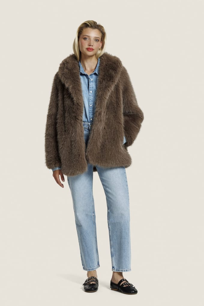 ALTER EGO Harper Fur Jacket Dark Taupe Größe: M | Kunstfell-Jacken Outlet | Damen | Schwarz