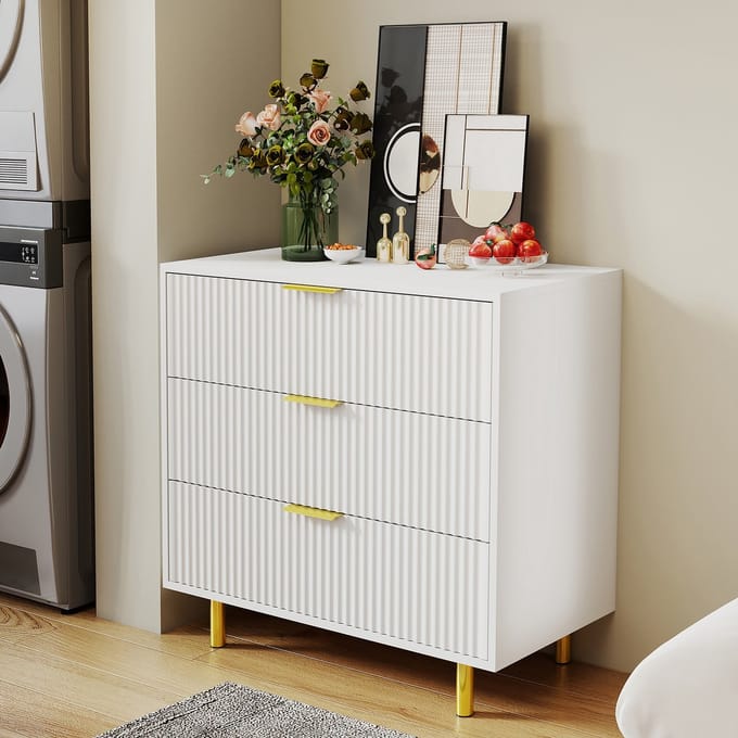 Pugsdrly Commode met 3 lades, dressoir met modern design, opbergkast, wit en goud - H72/B80/D40 cm