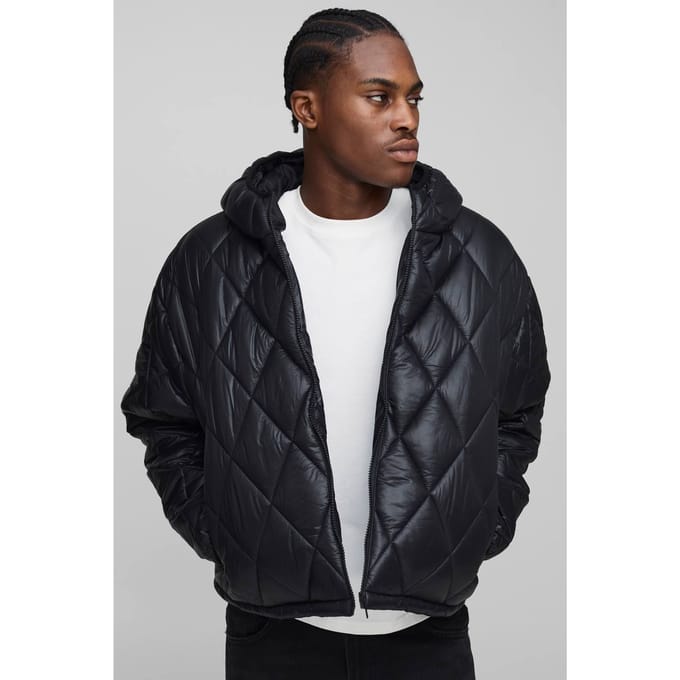 Oversized Boxy High Sheen Diamond-gequilde capuchon funnel puffer jas | Black | Size Medium
