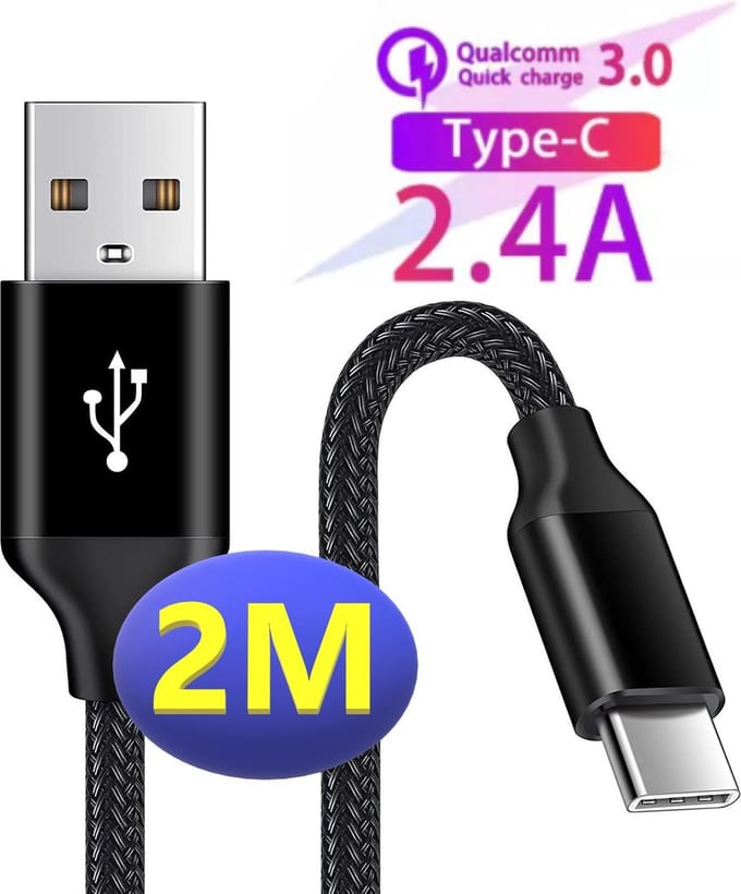 2 Meter Lange USB C Kabel - Gevlochten Nylon - Oplader USB-C - Datakabel - Extra Sterk