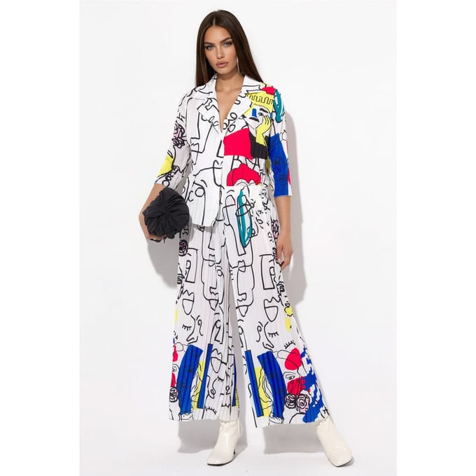 Abstracte Print Shirt en Wijde Pantalon Set