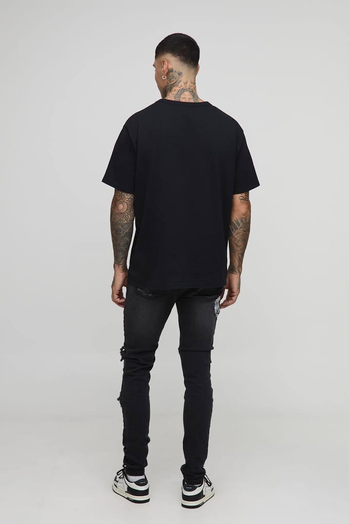 Lange Bloemen Geborduurde Gescheurde Skinny Jeans | Washed Black | Size 36