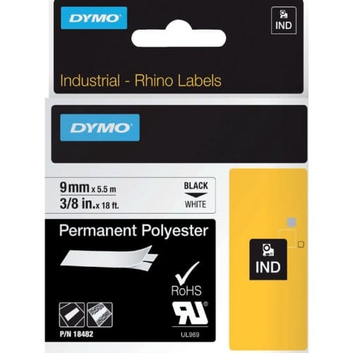 Labeltape dymo rhino industrieel polyester 9mm Zwart op wit