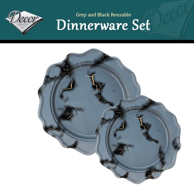 Decorline-Luxe Part Serviesset Grijs/Zwart Marmer-48 stuks-Kunstof