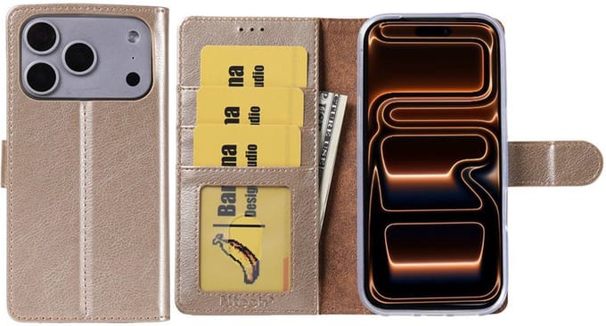 Hoesje Geschikt voor iPhone 17 Pro Max – Arara bookcase met pasjeshouder - Goud