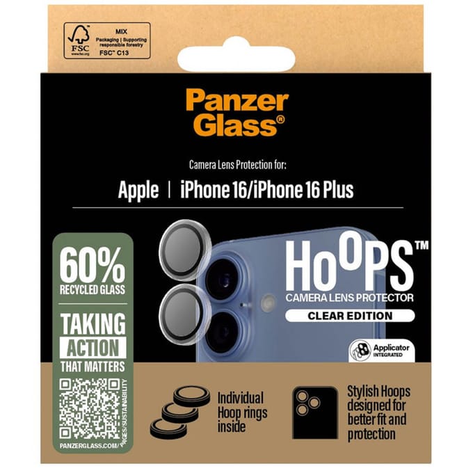 PanzerGlass Screenprotector geschikt voor Apple iPhone 16 Glazen | PanzerGlass Hoops Camera Lens Protector - Case Friendly