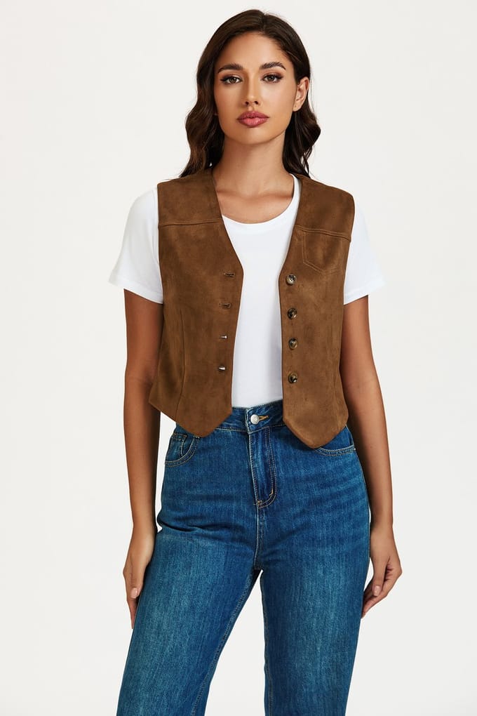 FS Collection-Faux Suede Gilet in Camel
