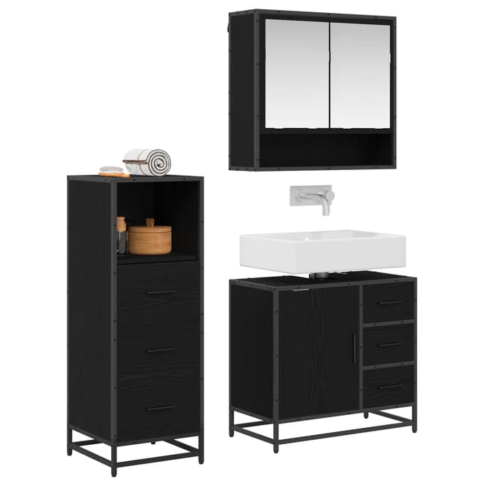 vidaXL - Badkamermeubel - Set - 3 - st - Zwart - Eiken - 65 - x - 33 - x - 60 - cm