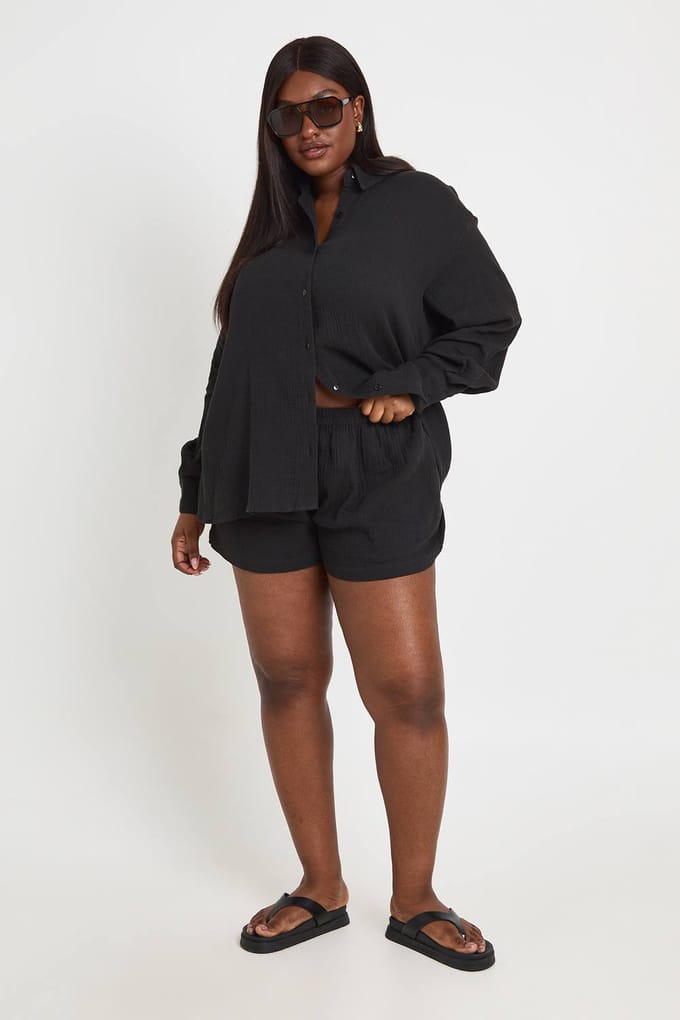 boohoo Dames Plus Strandshort Met Elastische Taille | Zwart | Maat: 44