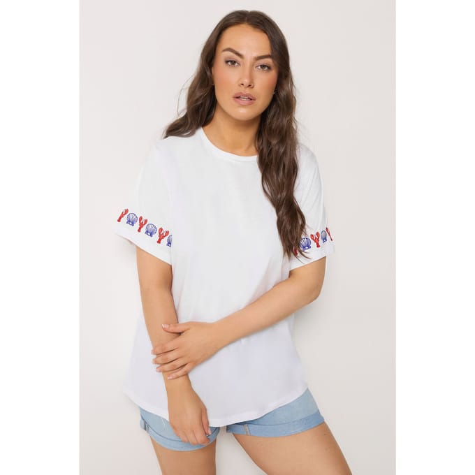 Yours Witte Tshirt Met Geborduurde Kreeft En Mouwdetails Size 46