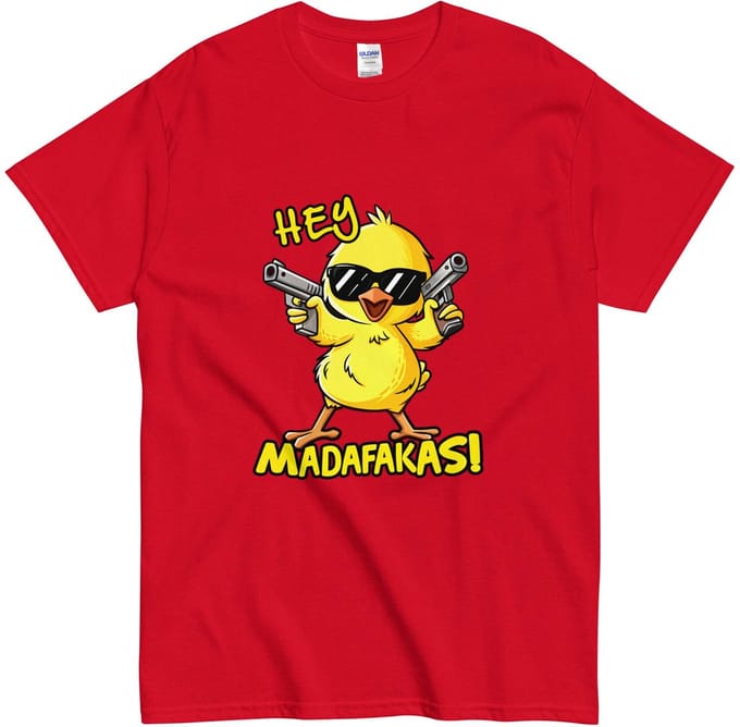 T Shirt Dames en Heren - Grappig Kuiken Illustratie - Tekst: Hey Madafakas - Rood - M