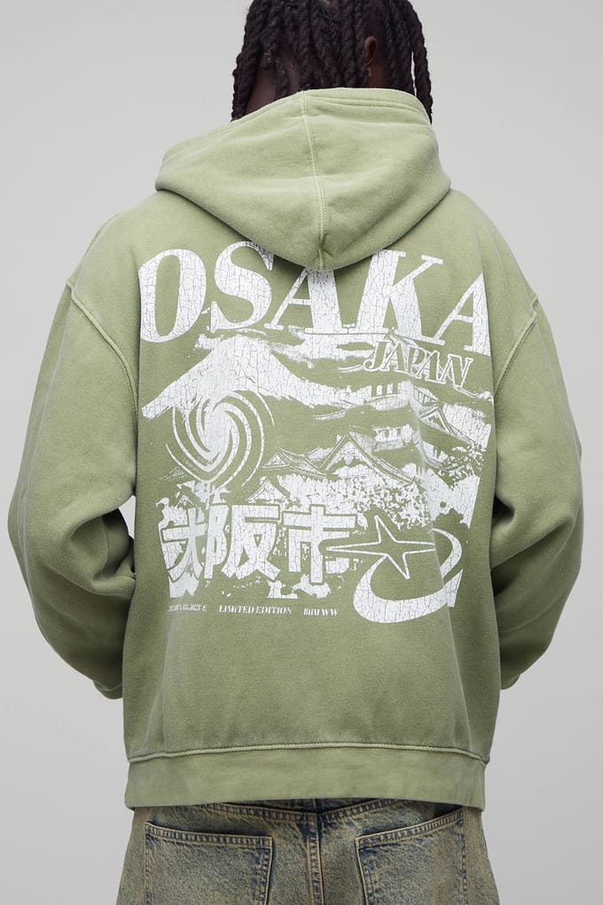 Oversized gewassen groene Osaka bedrukte hoodie | Green | Size Medium