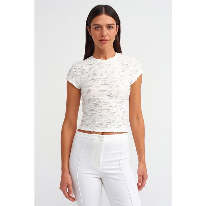 Dames Textured Crop T-Shirt met Uitsnijding Detail