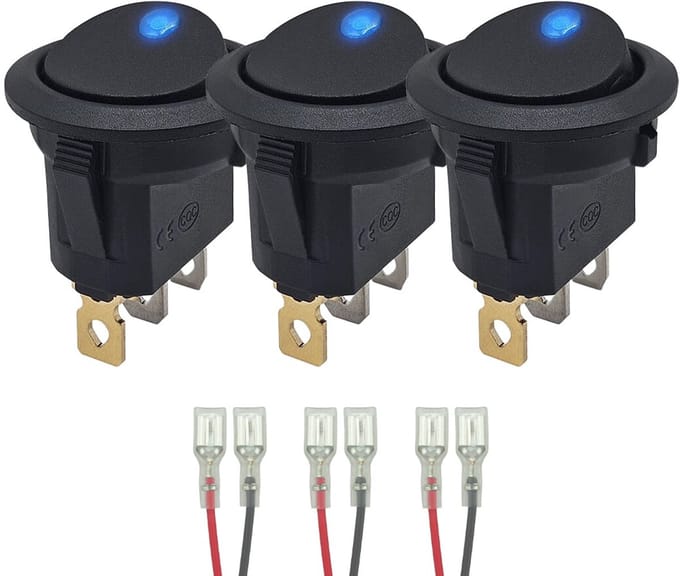 ProRide Wipschakelaar ON-OFF KCD2-12 - met Aansluitkabels - 3 pins - Rond - 12V/20A - LED indicator Blauw - 3 stuks