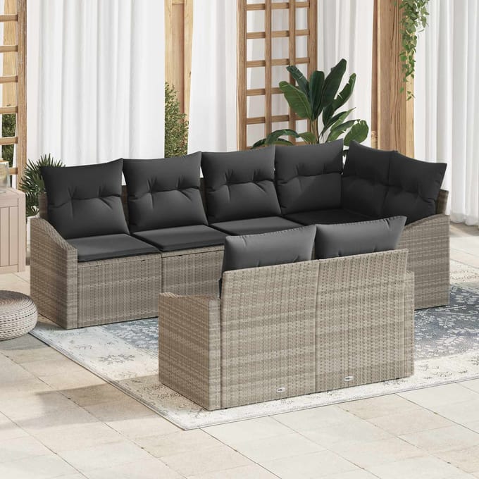 vidaXL Tuinbank Set met kussen met opslag 7 pcs Lichtgrijs poly rattan