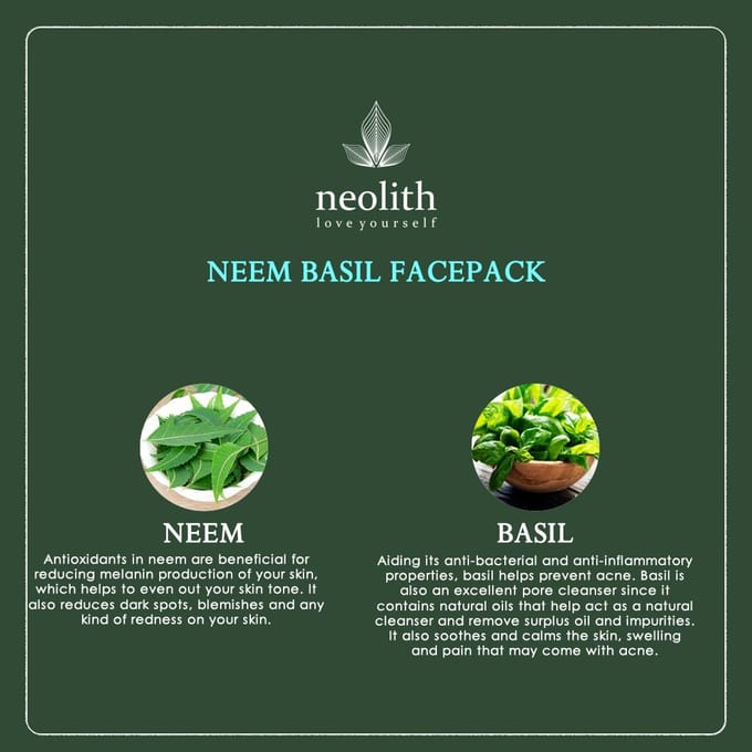 Masque Neolith Neem Basilic | Masque éclaircissant à l'argile pour une peau saine et éclatante, élimination du bronzage, élimination des points noirs, acné et équité 100 GM vert