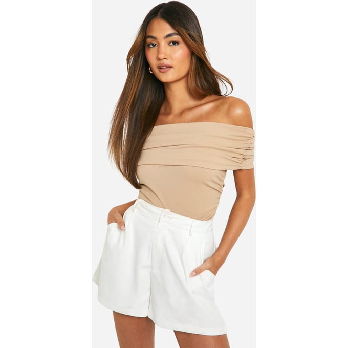 boohoo Dames Crepe Bardot Ruched Top | Stone | Maat: 8