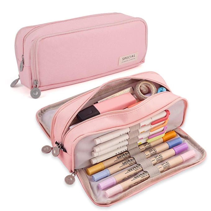 Grote capaciteit etui voor pennen, 3 compartimenten, multifunctionele pennenzak voor meisjes, jongens, school, student, kantoorbenodigdheden, organizer roze