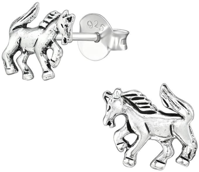 Joy|S - Zilveren paard oorbellen - 9 x 7 mm - geoxideerd