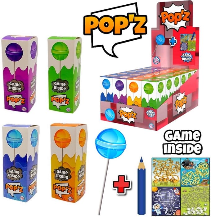 24 stuks POP'Z IN DISPLAY - lolly - potlood - spelletje - horeca speelgoed