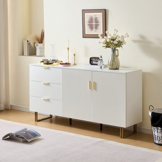 Sweiko Dressoir - 3 lades - MDF - Gouden handgrepen - Metalen poten - Verstelbare planken - Wit