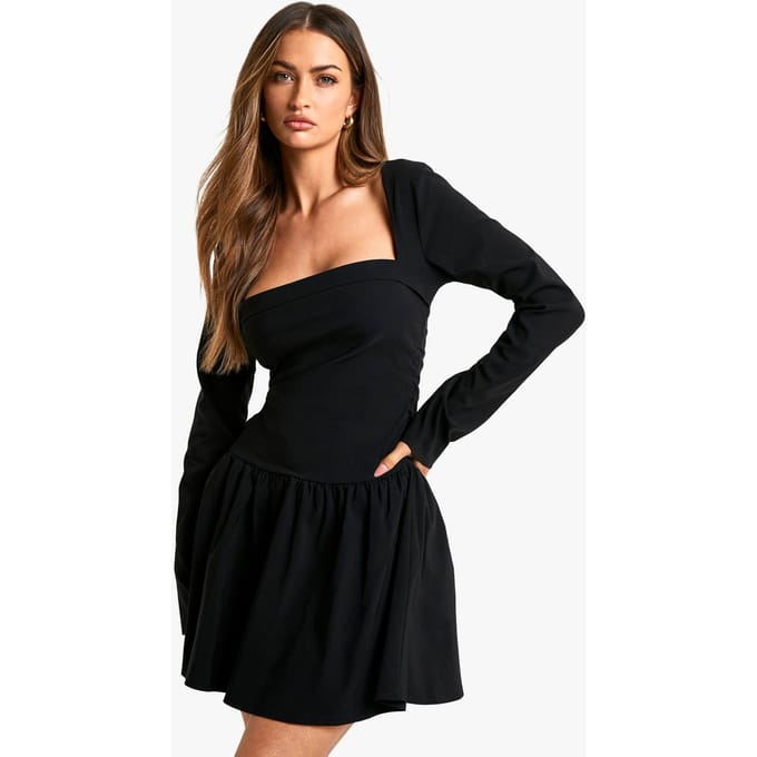 boohoo Dames Long Sleeve Skater Mini Dress | Black | Maat: 16