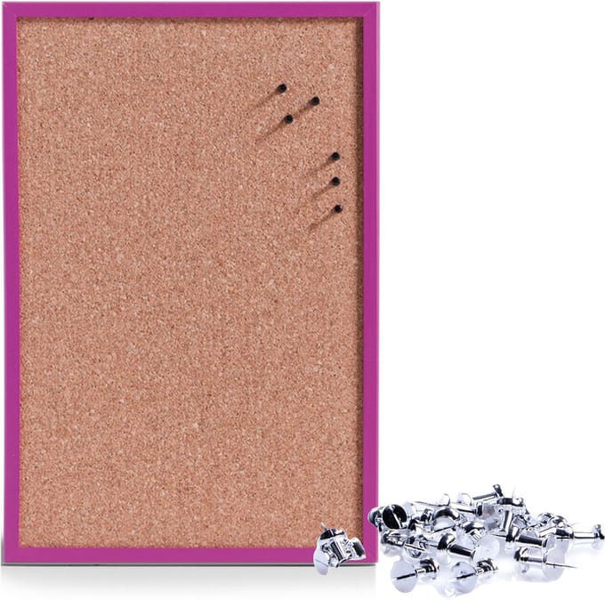 Prikbord incl. 25x punaises zilver - 40 x 60 cm - paars - kurk