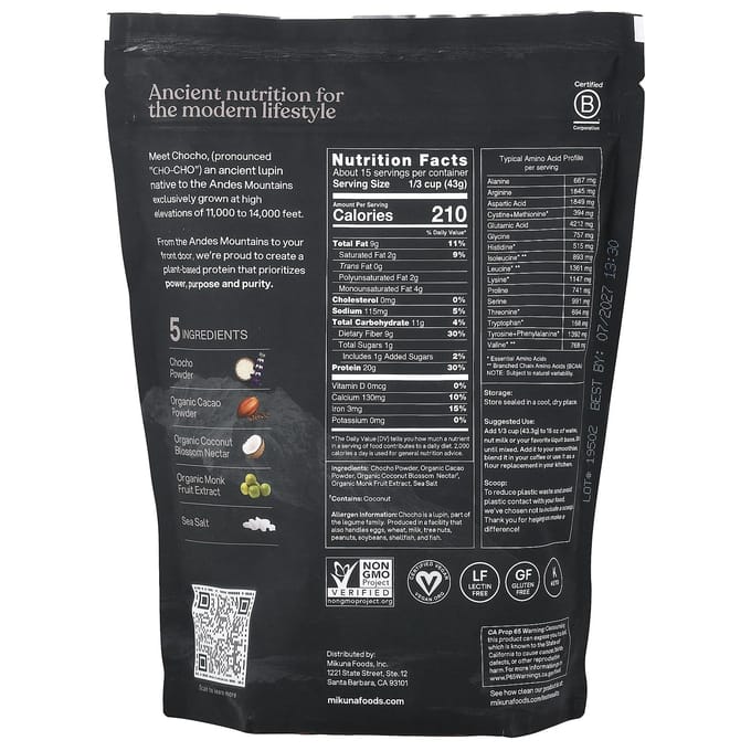 MIKUNA, Super Super Plantaardig Eiwitpoeder, Cacao, 1,42 lbs (645g)