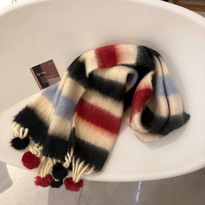 Winter Dopamine Regenboog Gestreepte Dikke Warme Geborstelde Franje Pompon Sjaal brown